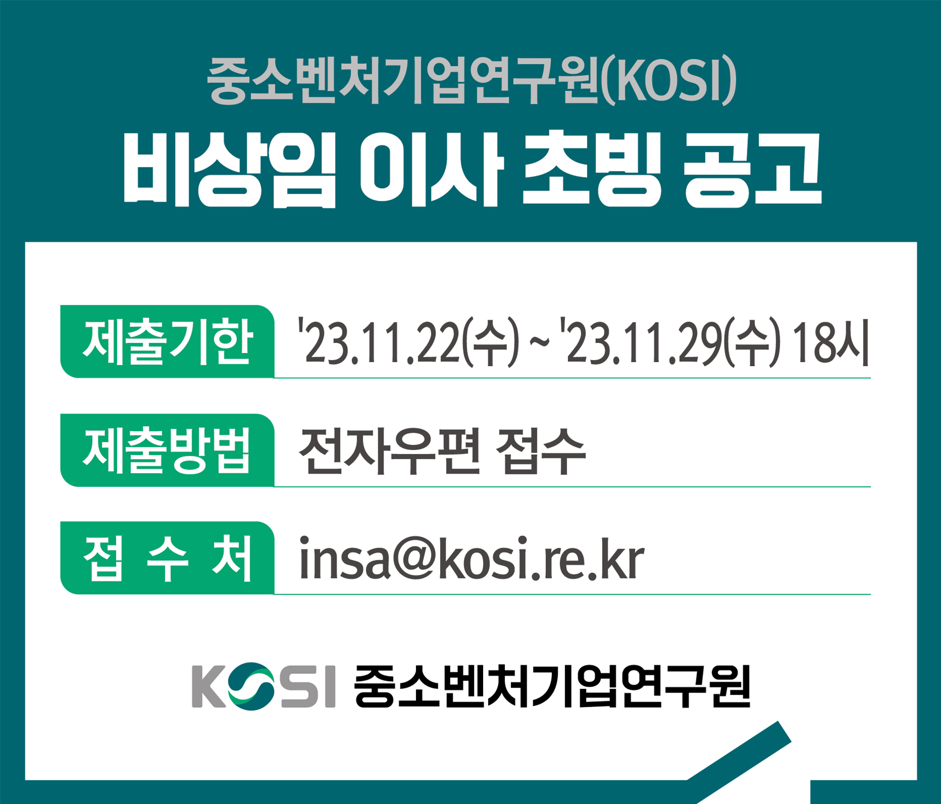 중소벤처기업연구원(KOSI)
비상임 이사 초빙 공고
제출기한 '23.11.22(수) ~ '23.11.29(수) 18시
제출방법 전자우편 접수
접수처 insa@kosi.re.kr
중소벤처기업연구원