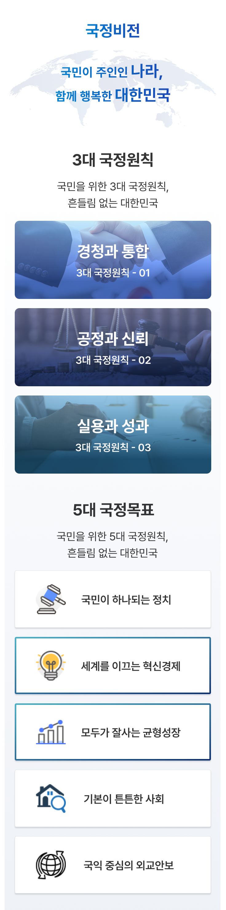 국정비전 국민이 주인인 나라, 함께 행복한 대한민국 3대 국정원칙 국민을 위한 3대 국정원칙, 흔들림 없는 대한민국 경청과 통합 3대 국정원칙 - 01 공정과 신뢰 3대 국정원칙 - 02 실용과 성과 3대 국정원칙 - 03 5대 국정목표 국민을 위한 5대 국정원칙, 흔들림 없는 대한민국 국민이 하나되는 정치 세계를 이끄는 혁신경제 모두가 잘사는 균형성장 기본이 튼튼한 사회 국익 중심의 외교안보